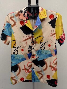 Manfinity Graffiti Print Button Up Shirt Men’s Small Streetwear Y2K Camp Collar